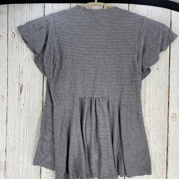 Unity World Wear Boho Tunic Top Women Size M Gray Striped Lace Up Short Sleeves - Picture 2 of 8